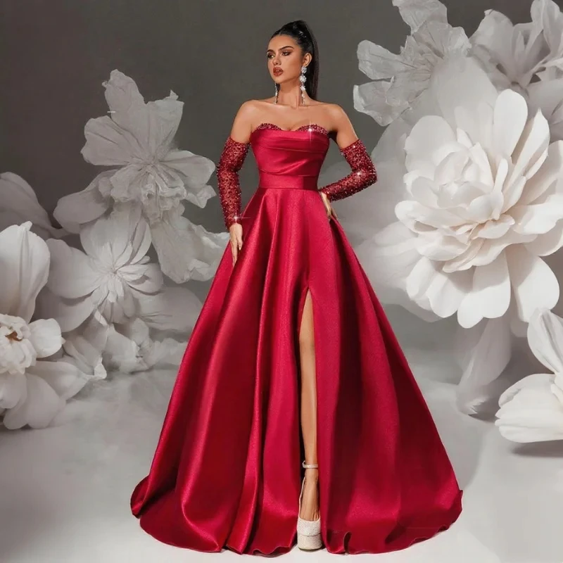 Sexy Ball Gown Red Long Cocktail Dress With Fluffy Sleeves Elegant Evening Dress Vestdos De Fiesta Customized