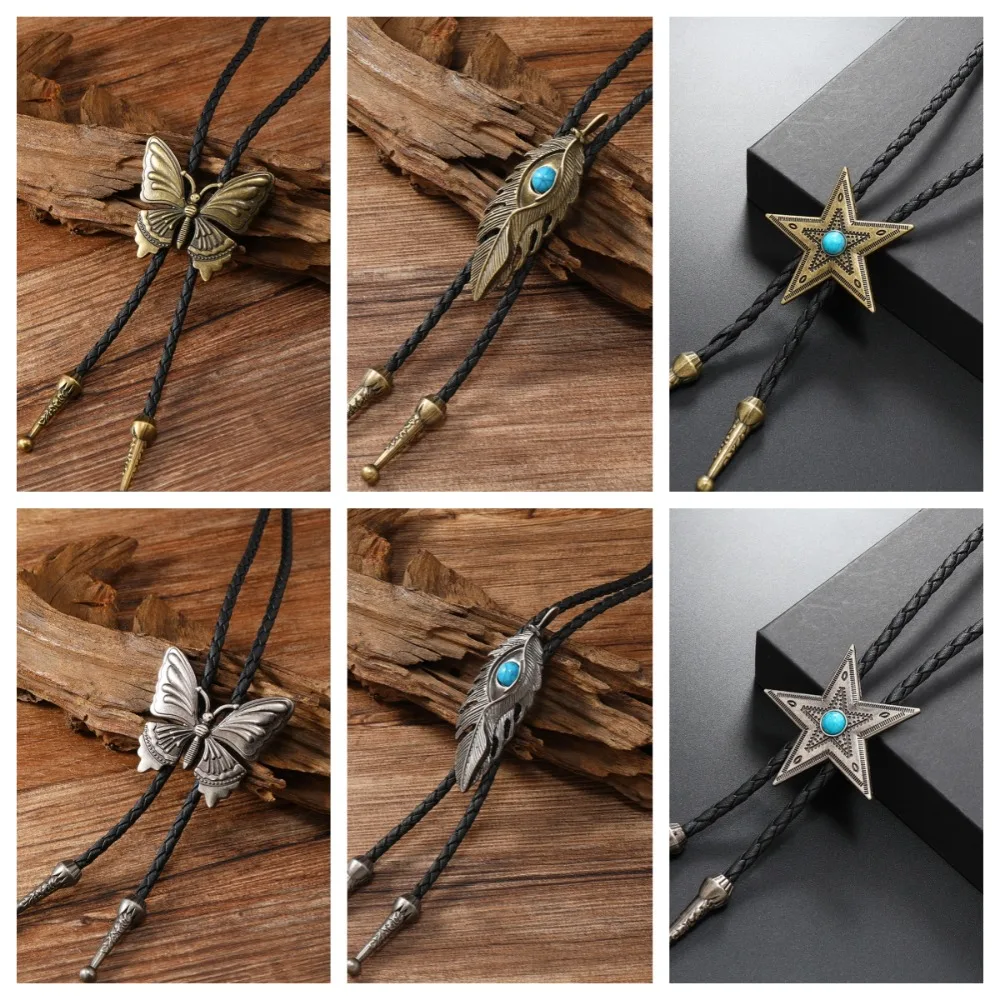 بوهو الخماسية نجمة بولو التعادل بولي PU المنسوجة البلد الغربي نمط الفيروز ريشة قلادة سلسلة الترقوة سترة سلسلة