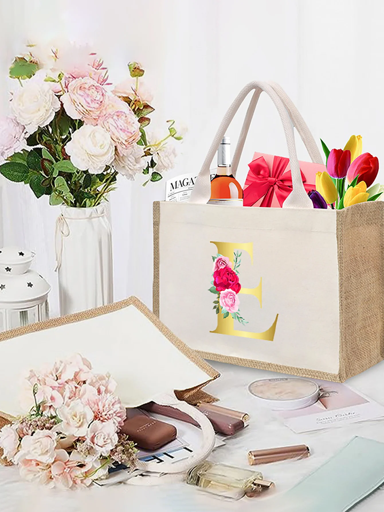 Tote bag shopping bag canvas and jute large capacity simple fashion soft handles golden letters & rose suitable women and men