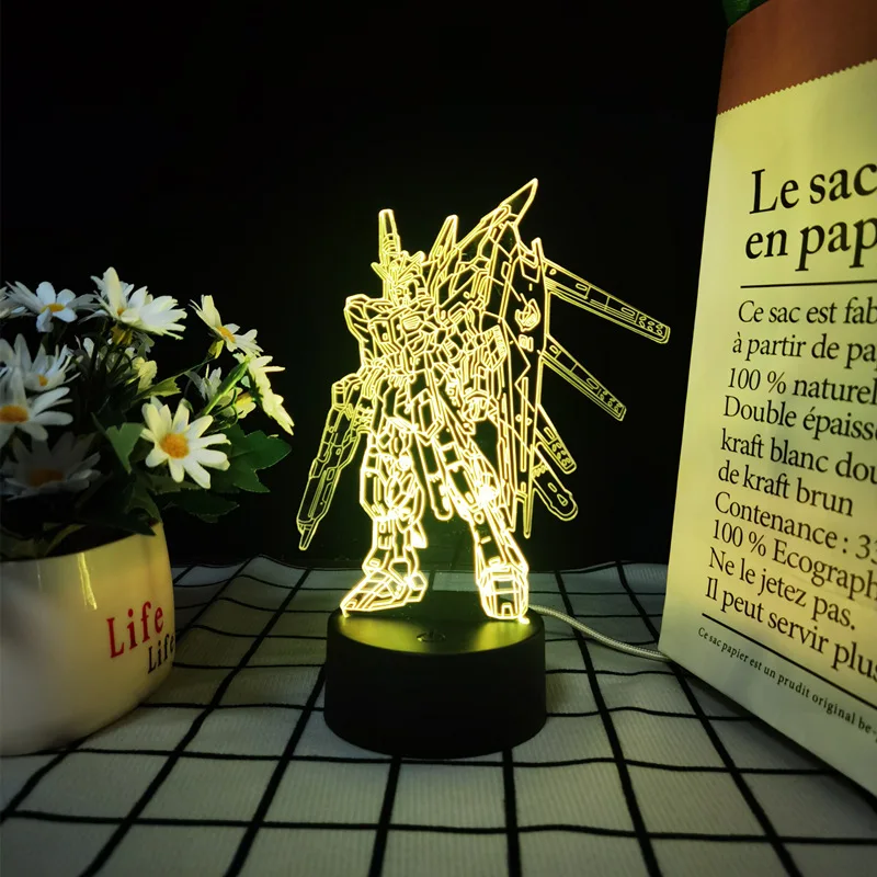Lámpara Nocturna LED 3D de Acrílico con Figura de Anime de Mobile Suit Gundam Strike Freedom y Wing Zero, para Decoración de Dormitorio y Sala de Juegos, Regalo Navideño