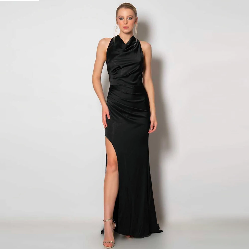 

Formal Straight Black Floor Length V-Neck Satin Sleeveless Evening Dress Elegant Pleats Slit Vestido De Noche Saudi Arabia Women