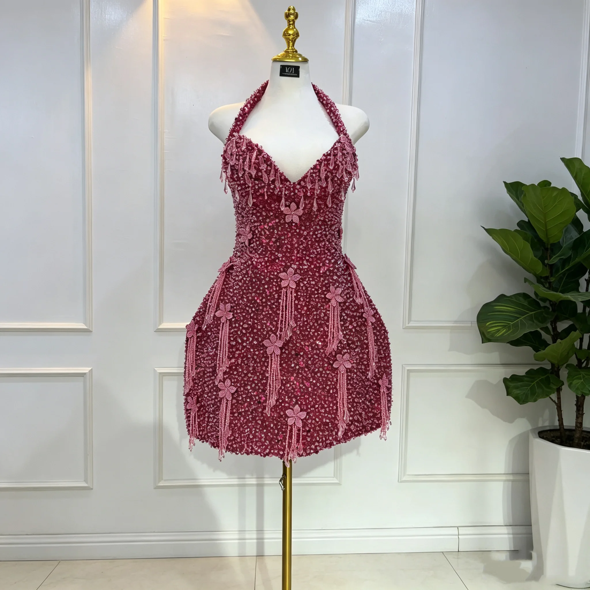 Sparkling Pink Beaded Short Cocktail Dress Halter Flowers Fringe Mini Prom Gown Luxury Party Dress Customized