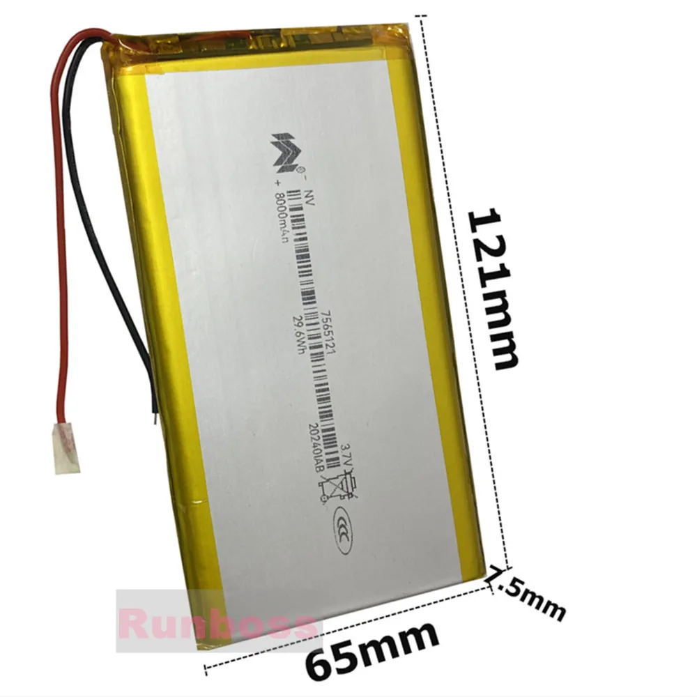 1-10PCS 3.7V,8000mAh,7565121 Polymer Lithium Li-ion Battery for Tablet PC,TOY,POWER BANK,GPS,mp3,mp4 Player MID DVC PSP Phone