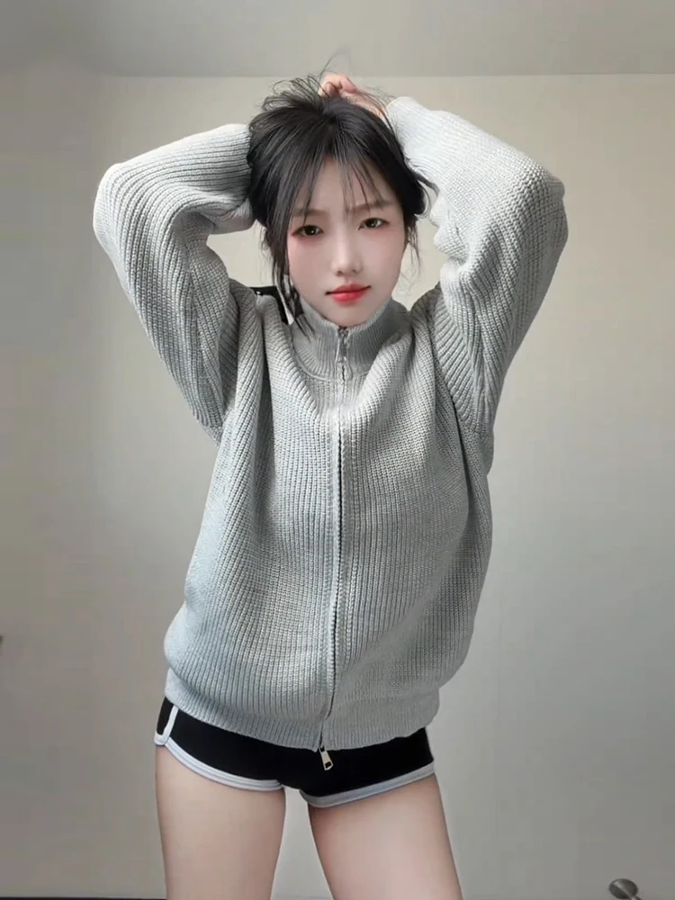 

ay American Double Zipper Open Cardigan Sweater Men's Winter Lazy High-End Knitted irt Old Money Sle Stand Collar Jaet