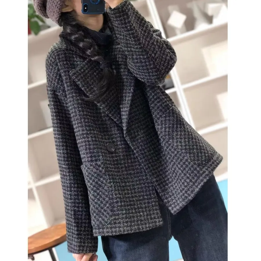 

High Quali Thiened Winter Faion Retro Artistic Loose Casual Versatile Tweed Coat Sweet Sle Long Sve Regular Length