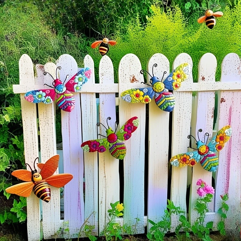 4pcs Acrylic Colorful Bee Wall Decor Rustic Style Garden Ornament Contrast Color Outdoor Yard Art