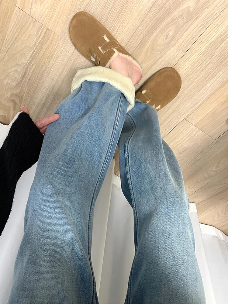 

Женские прямые джинсы с высокой талией на подкладке, осень-зима, новые свободные утягивающие узкие версии e Tube Wid...