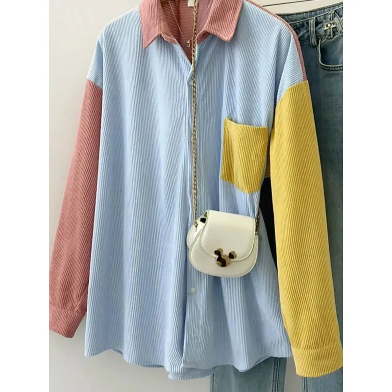 

Contrast Color Polo Collar Long-sleeved Patchwork Color-blocked Shirt Women's 2025 Autumn and Winter Single-breasted Top