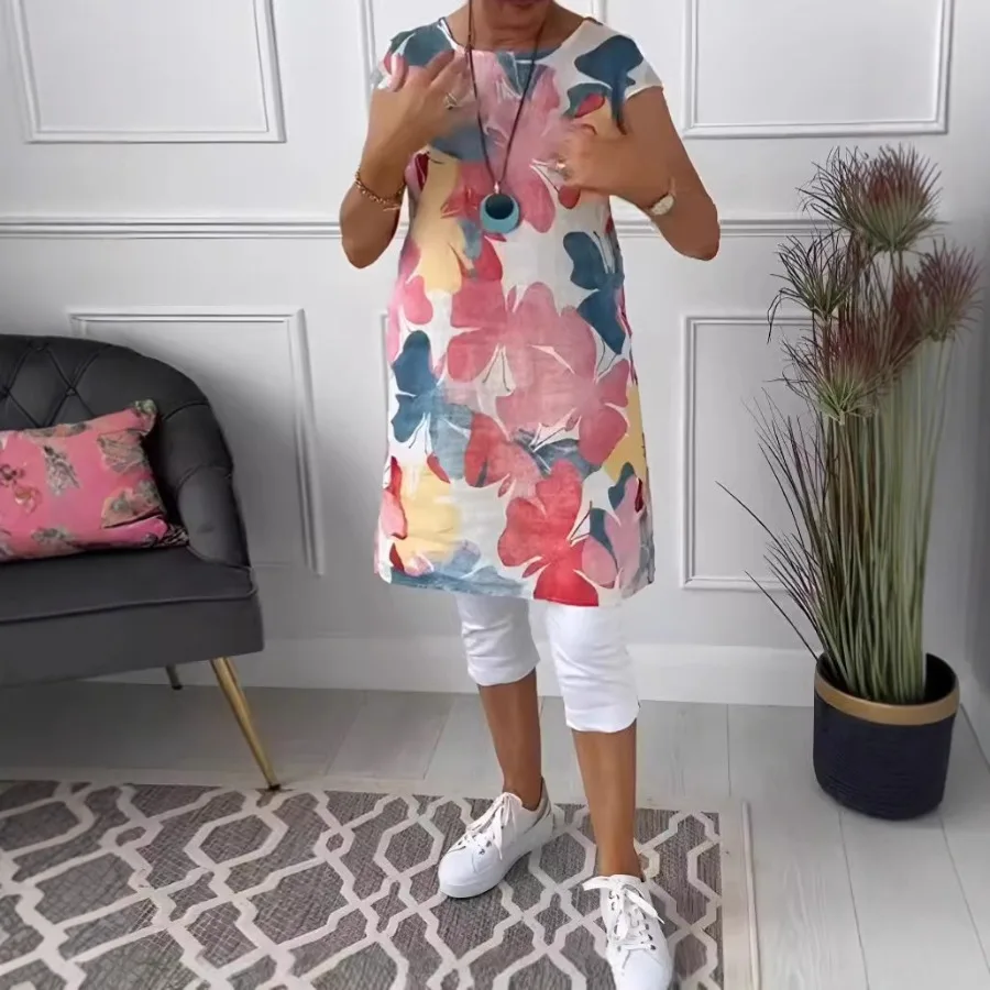 

【New style】Europe and America - printed dress top round neck loose women's fashionable fashion with pockets