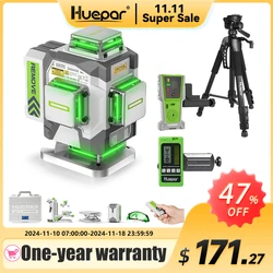 Huepar Professional Laser Level 4D 16 Lines ±2mm High Accuracy Green Cross Line Laser & 8000mAh Li-ion Battery For Construction