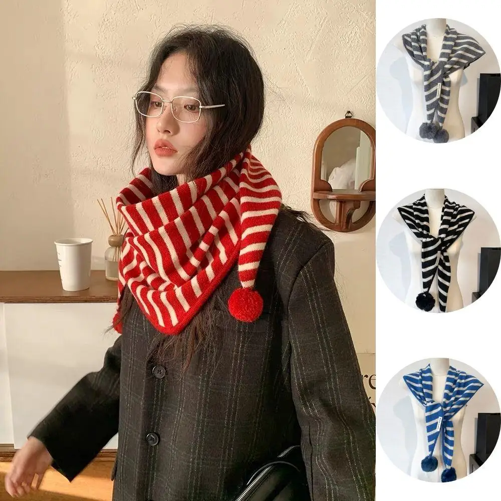 100 % Wolle, abnehmbarer Fell-Bommel-Schal, klassischer britischer gestreifter Dreiecksschal, multifunktionaler gestrickter Wollschal, warmes Kopftuch