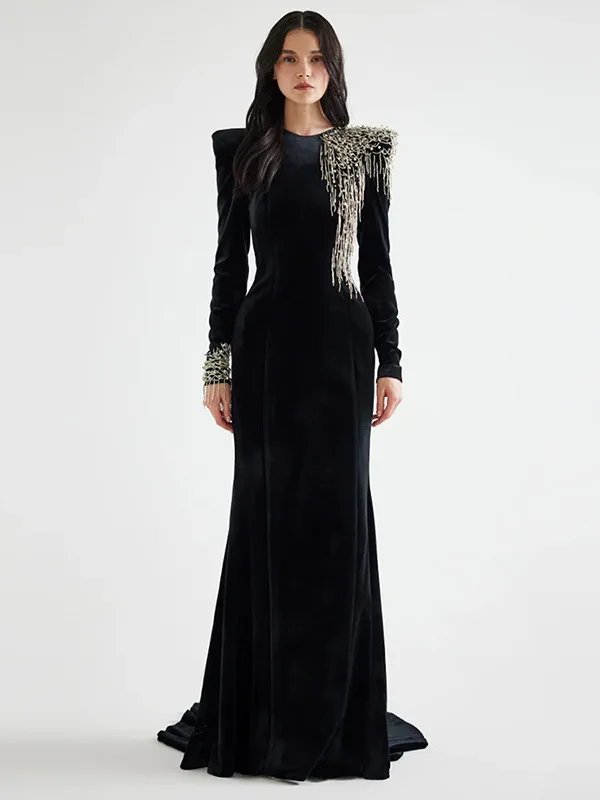 Ele Long Bla Fi Tail Dr round Ne Beaded Wrap Women's Faionable Slimming Gown Vintage Sle Evening Gown