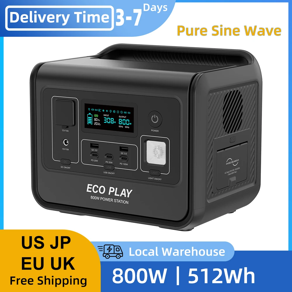 

ECOPLAY Power Station 800W/512Wh LiFePO4 Battery Solar Generator with 1 AC Outlets (1600W Peak) Large Capacity Emergency Power