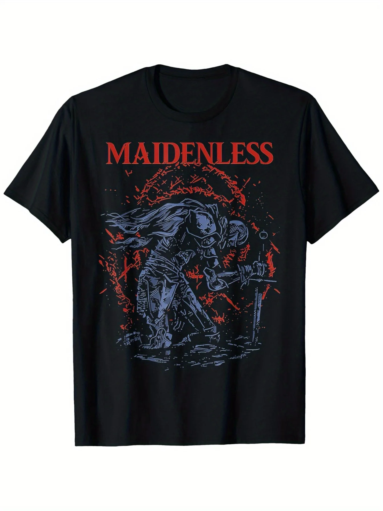 

MAIDENLESS Graphic Print T-Shirt - 100% Cotton Slim Fit Unisex Tee for Men & Women, Bold Knight & Sword Design, Sizes S-XXXL, Bl