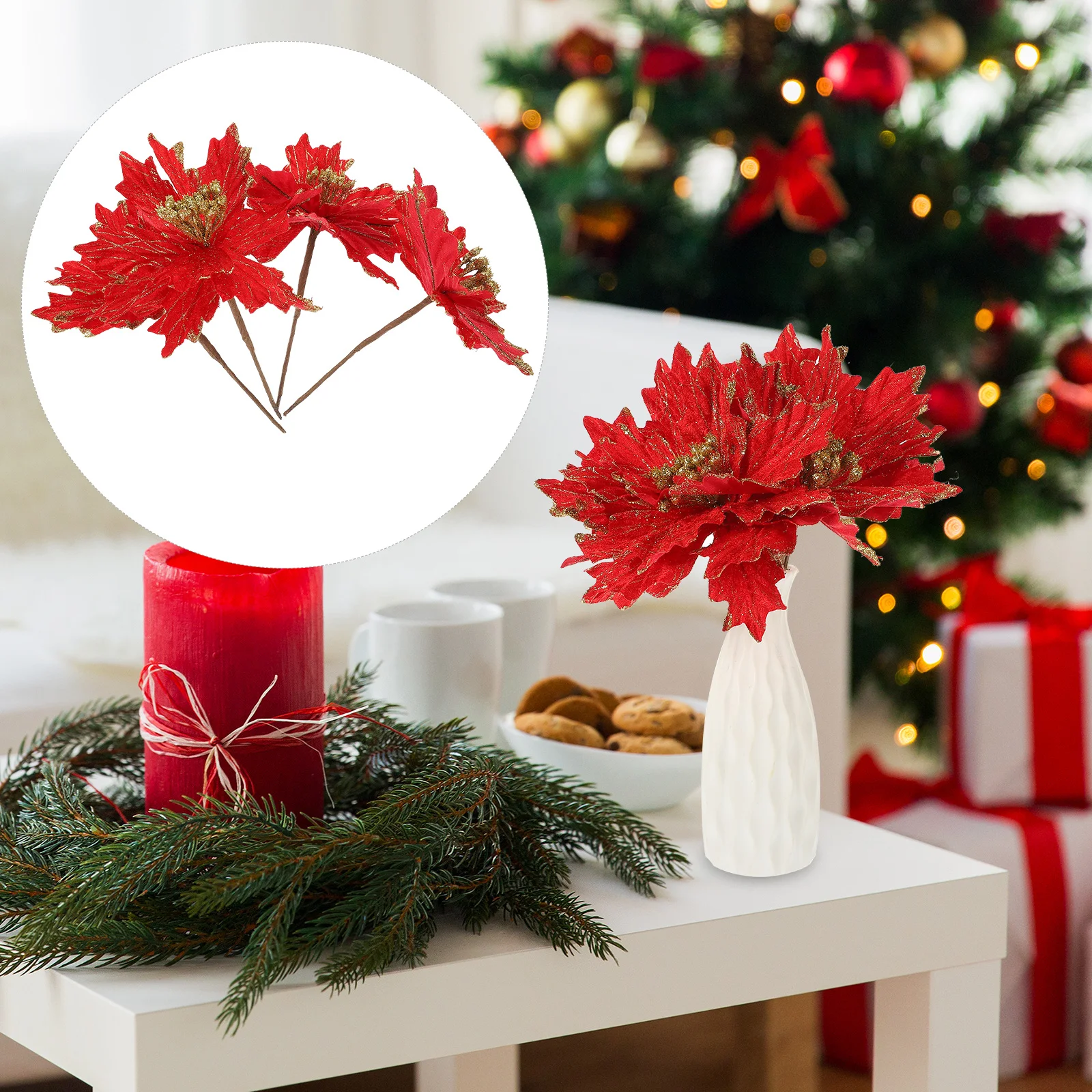 

4 Pcs Poinsettia Artificial Christmas Flowers Flowers 15cm Christmas Artificial Flower Fabric Decorations for Tree Wreaths Party