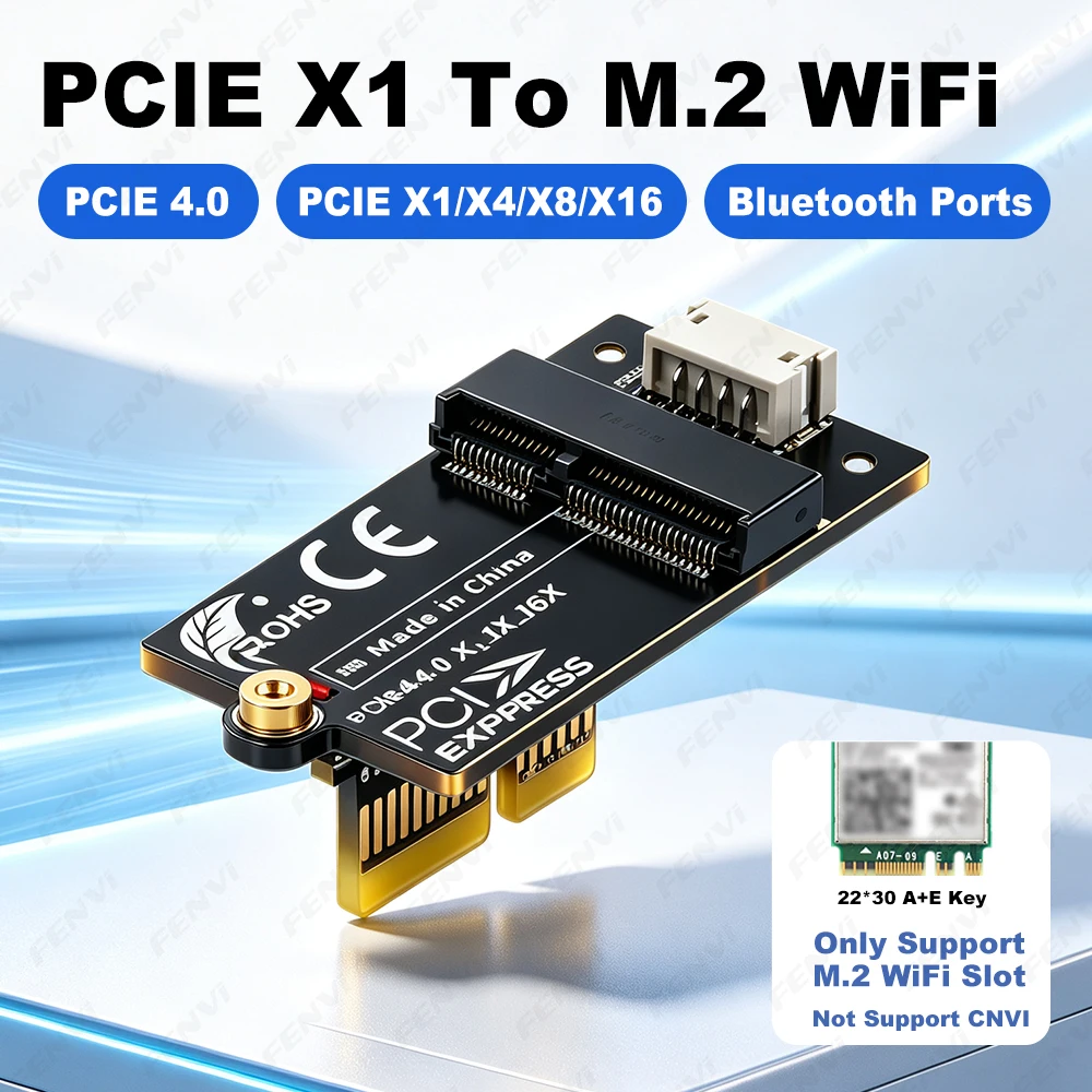 PCIe X1 to M.2 WiFi Adapter PCIe 4.0 X1/X4/X8/X16 to M.2 A+E Key Wireless Card Converter with Bluetooth Port for Desktop PC