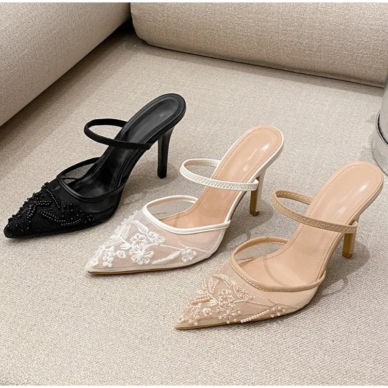 

Модные сандалии с сетчатой вышивкой, женские туфли-лодочки на высоком каблуке с бусинами, туфли-лодочки с острым носком, женские тапочки с открытой пяткой, Zapatos De Mujer