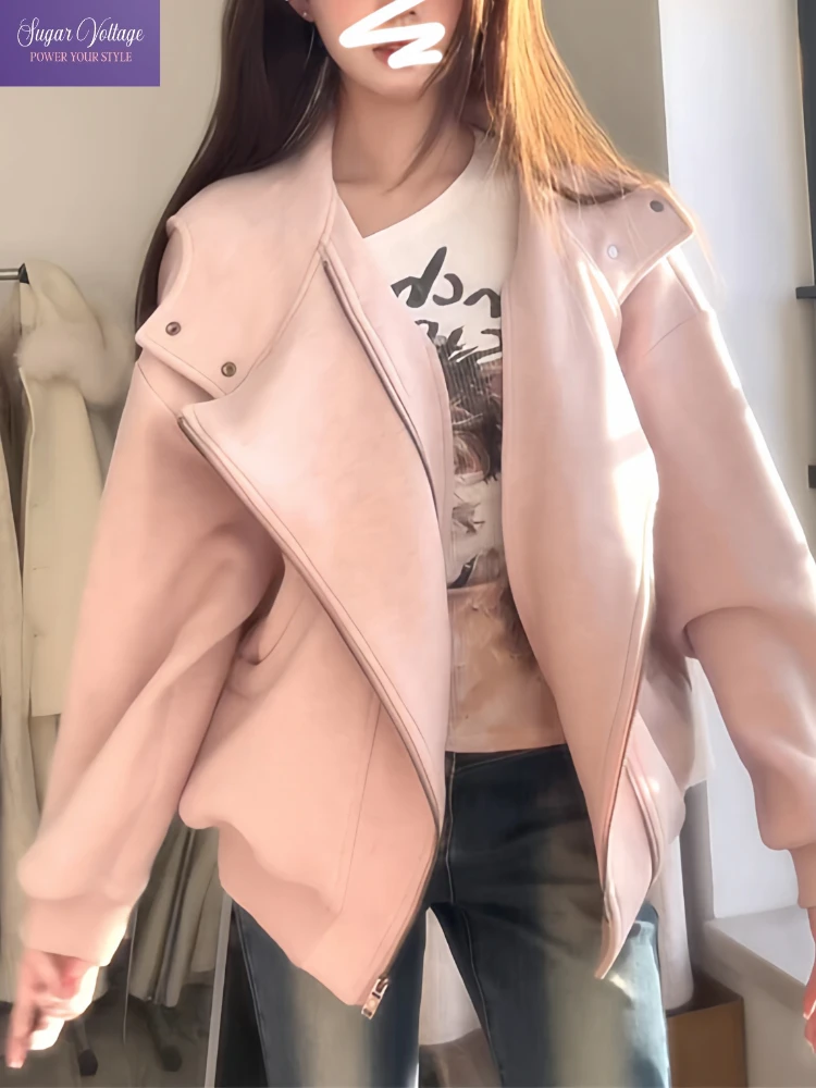 

Vintage Pink Lapel Jacket Women Spring Autumn Korean Style Short Bomber Coat With Zipper Loose Fit Casual Chic Fashion Outfit