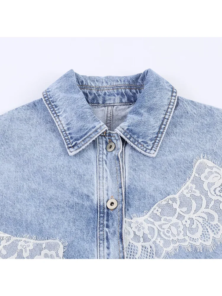 HH Spring Women Chic Single-breasted Lace Lapel Long Sleeve Short Denim Jacket+Loose Mid-rise Hole Decoration Jeans 2-Piece Set view 5