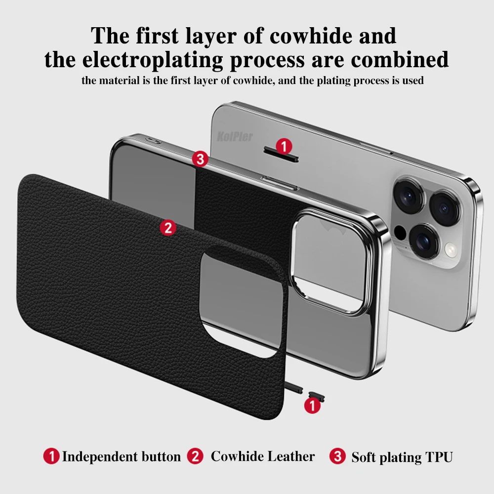 حافظة جلدية أصلية للآيفون ، جلد بقر أصلي مطلي ، نمط Lichee ، حماية للعدسة ، غطاء هاتف صلب مقاوم للصدمات ، 16 برو