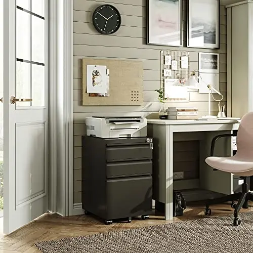 3 Drawer Mobile File Cabinet with Lock, Under Desk Metal Filing Cabinet for Home Office/Legal/Letter/A4 File, Fully