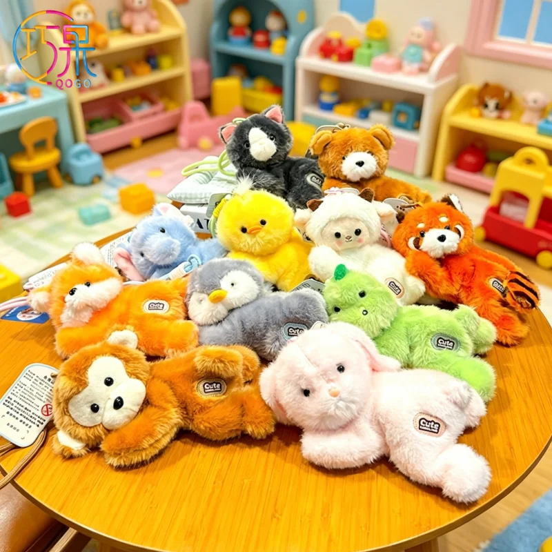 Cartoon cute creative plush lying cute pet animal keychain elephant penguin raccoon fox monkey bag pendant gift for friends