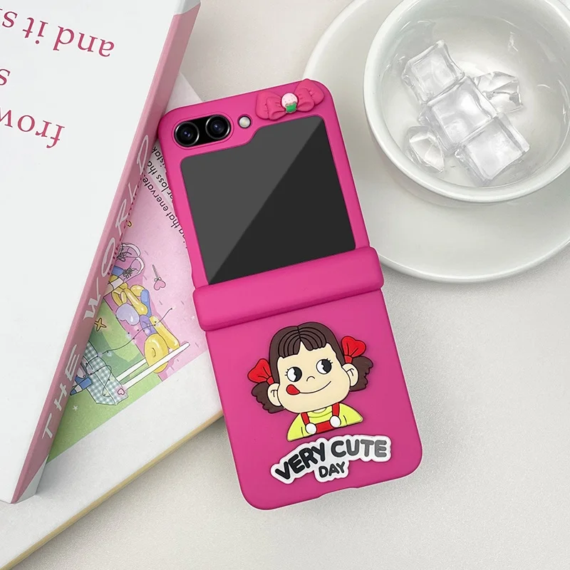 For Samsung Galaxy Z Flip 7 6 5 4 3 5G Fashion Cute Japanese Cartoon Girl Bowknot Rose Red Hinge Matte Shockproof Case Cover
