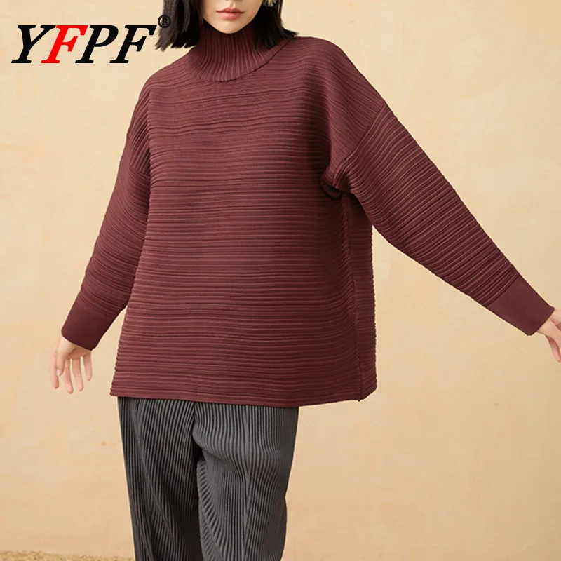 

YFPF 2025 Autumn Winter New Women's T-shirt Knitted Miyake Pleated Turtleneck Long Sleeve Pullover Tops Casual Clothing