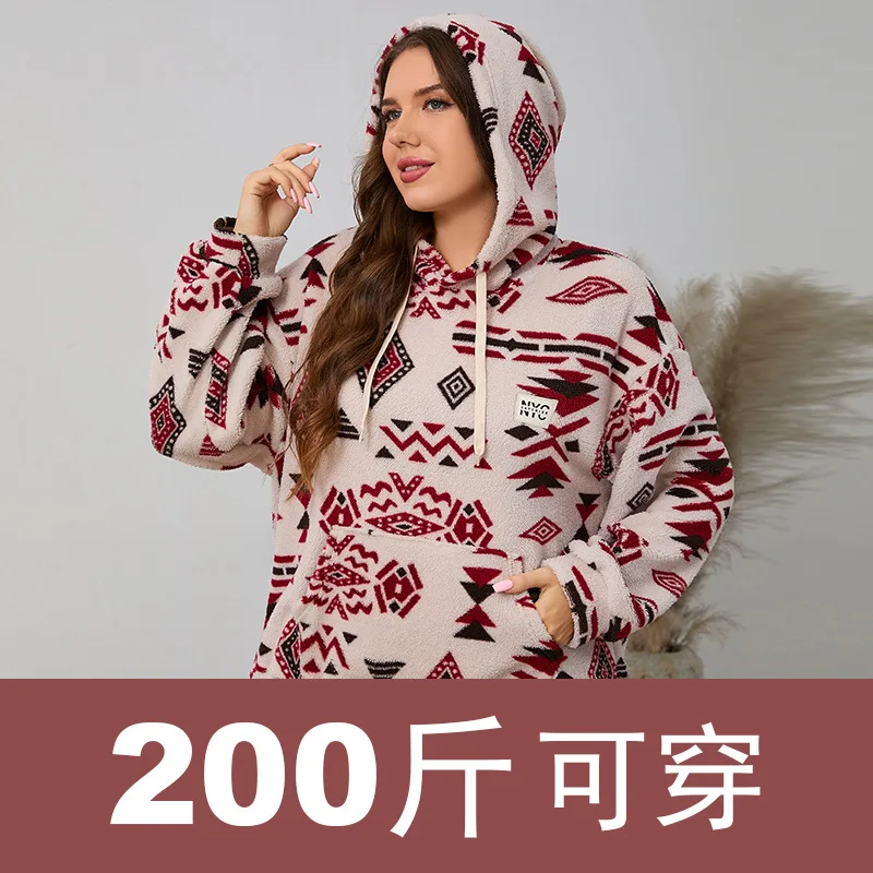 

Large size hooded medium and long top women's pocket thickened plush sweater jacket fashionable simple and elegant temperament h