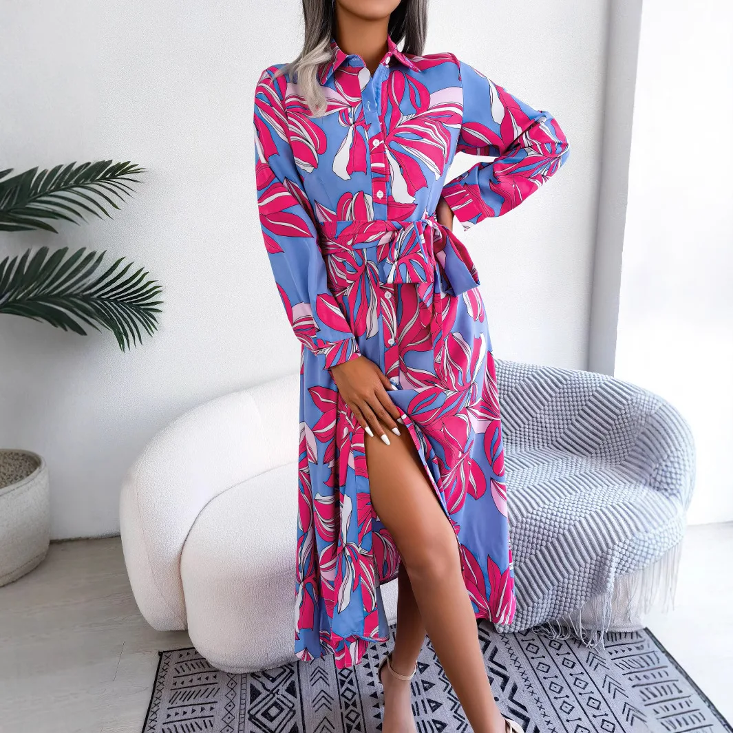 Primavera e verão saia camisa casual de cintura alta com lapela floral e saia longa com renda