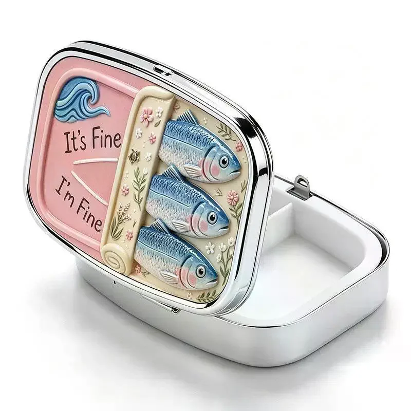 2 Compartments Metal Pill Box, It's Fine I'm Fine Sardine Print Portable Pocket Pill Case, Mini Travel Medicine Storage Contain