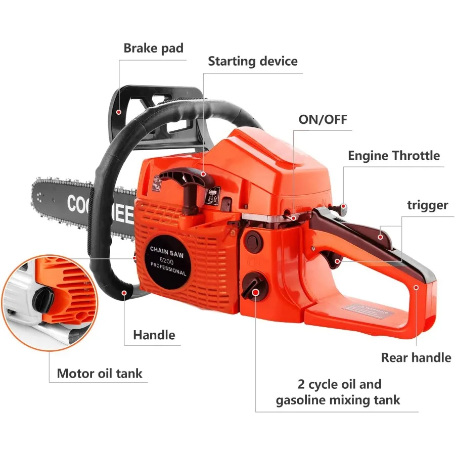 Motosserra a gás atualizada 62cc 3.5-hp 2 ciclos 20 Polegada motosserra a gás com saco de transporte kit de ferramentas motosserras movidas a gás para hea