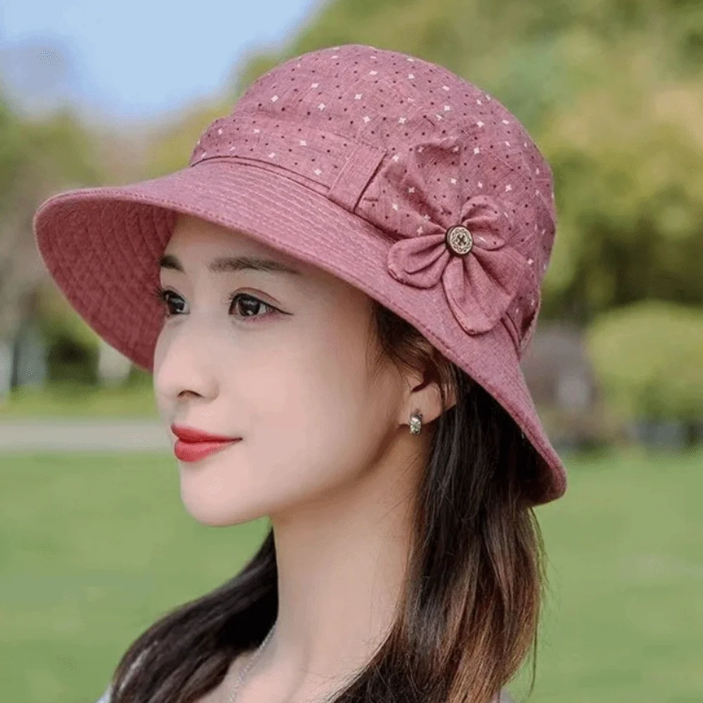 

Wide Brim Bow Fisherman Hat Thin Cloth Material Bucket Hat Button All-matching Design Elderly People's Large Brim Cap