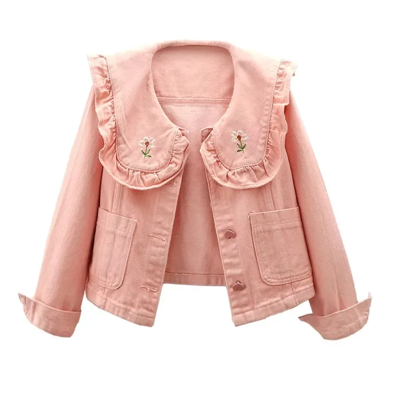 

Spring Autumn Embroidery Doll Collar Denim Coat Cowboy Outerwear Fashion Slim Short Pink Jeans Jacket Female JJ451
