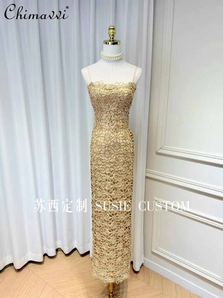 

French Style Elegant High-end Lace Hollow 3D Crochet Sleeveless High Waist Bodycon Long Evening Dress For Women Summer 2026