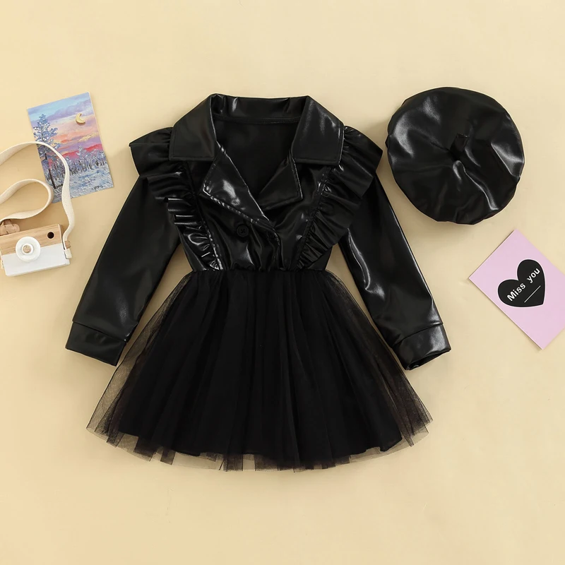 Toddler Baby Girl Fall Clothes Beret Hat Kids Long Sleeve Lapel Pu Leather Tulle Fashion Dress Kids Newborn Outfit