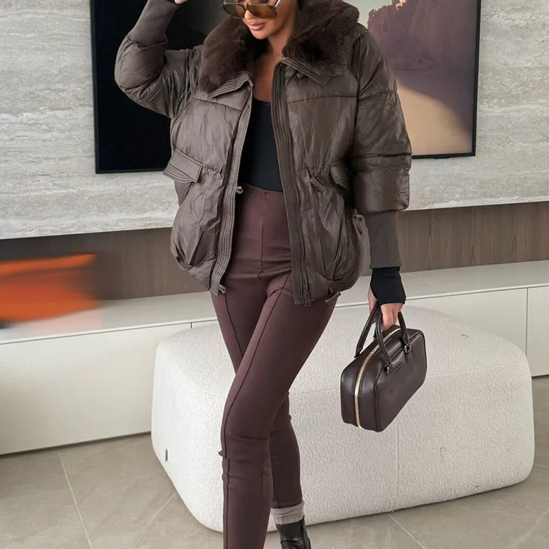 

Women's Lapel Collar Plush Long Sleeved Loose Jacket Winter Thick Warm Zipper Casual Outerwear Fashion Solid Pocket Bread Coat