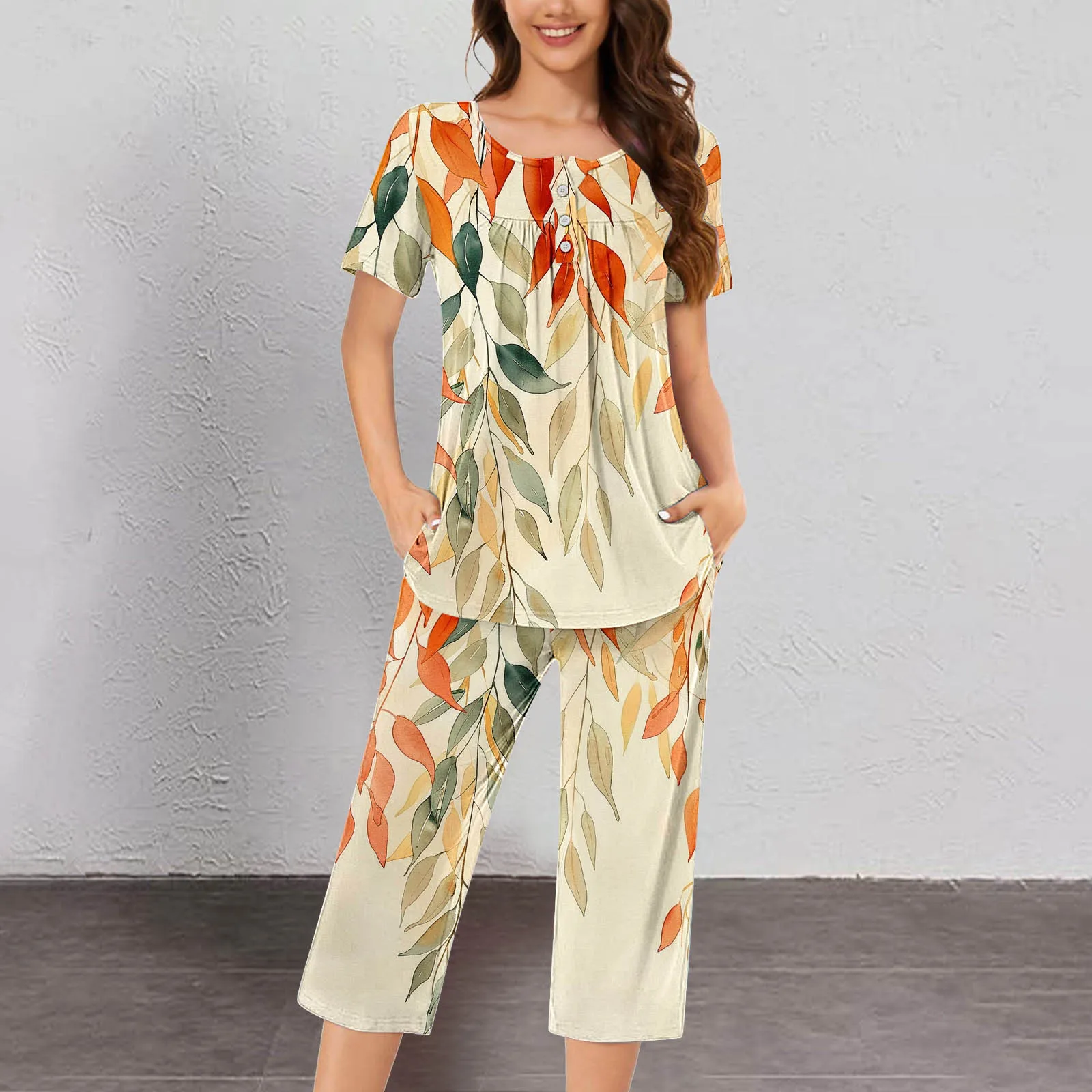 Fashion Print Sets For Woman's Autumn Leisure Comfortable Short Sleeves With Buttons Pullover Top Trousers 2pcs Set Women 2024 image 3