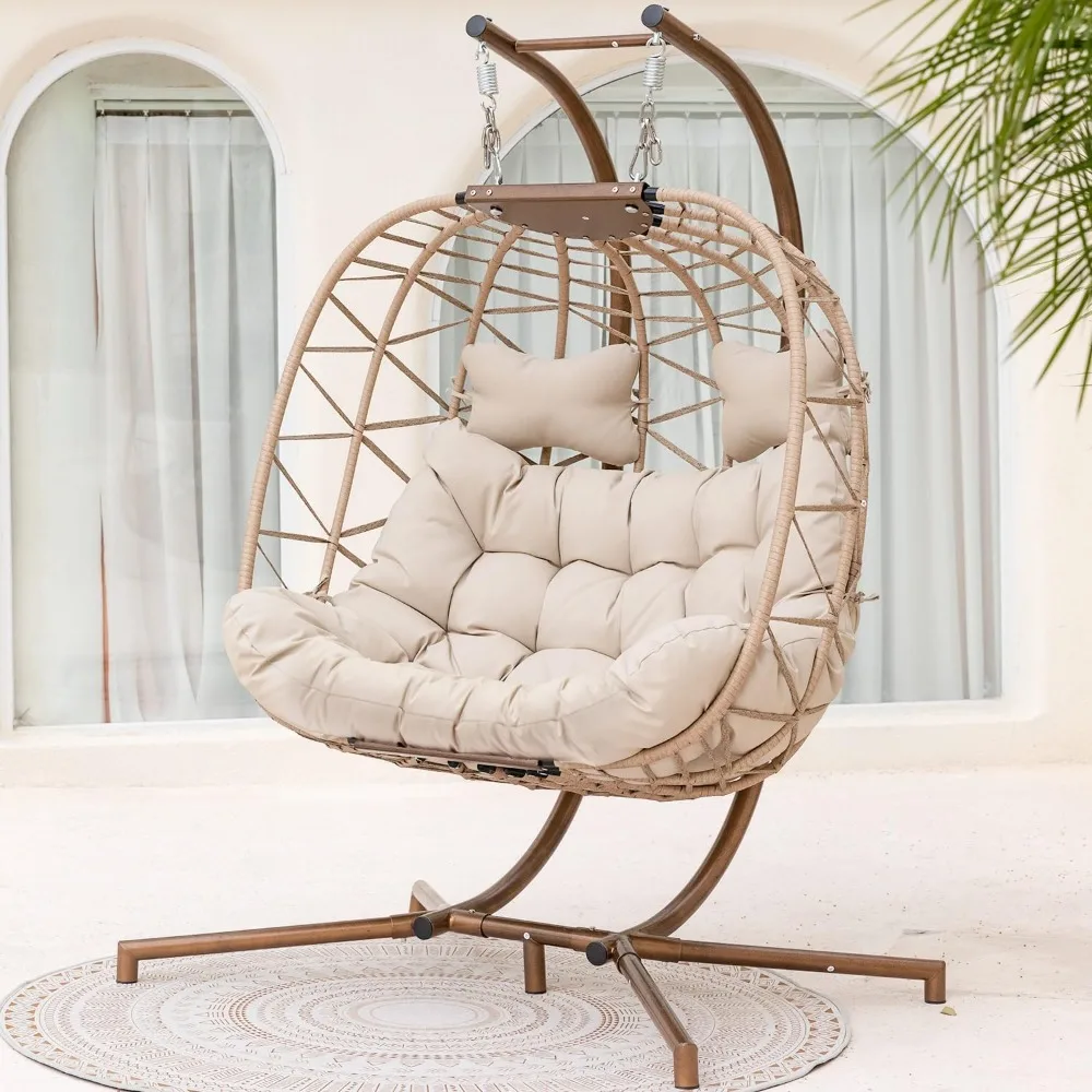 Double Swing Egg Chair with Stand, Large 2 Person, Indoor Outdoor Wicker Patio Twins Basket, Hanging Chair for Bedroom