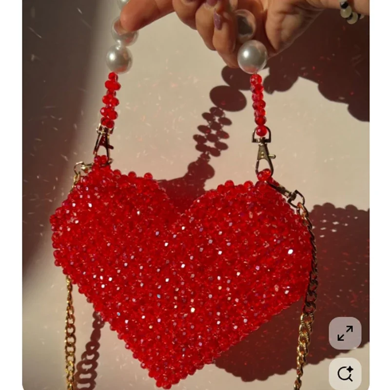 Red Heart-shaped Women's Bag Fashion Ins Sparkling Crystal Pearl Handbag High-end Valentine's Day Wedding Banquet Clutches