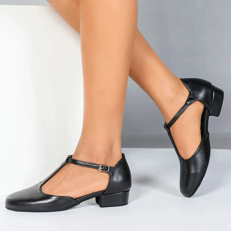 Evk Black Women T-Strap Ballroom Dance Shoes Soft Sole Closed Toe Modern Waltz Tango Practice Dancing Sandals Low Heel Footwear
