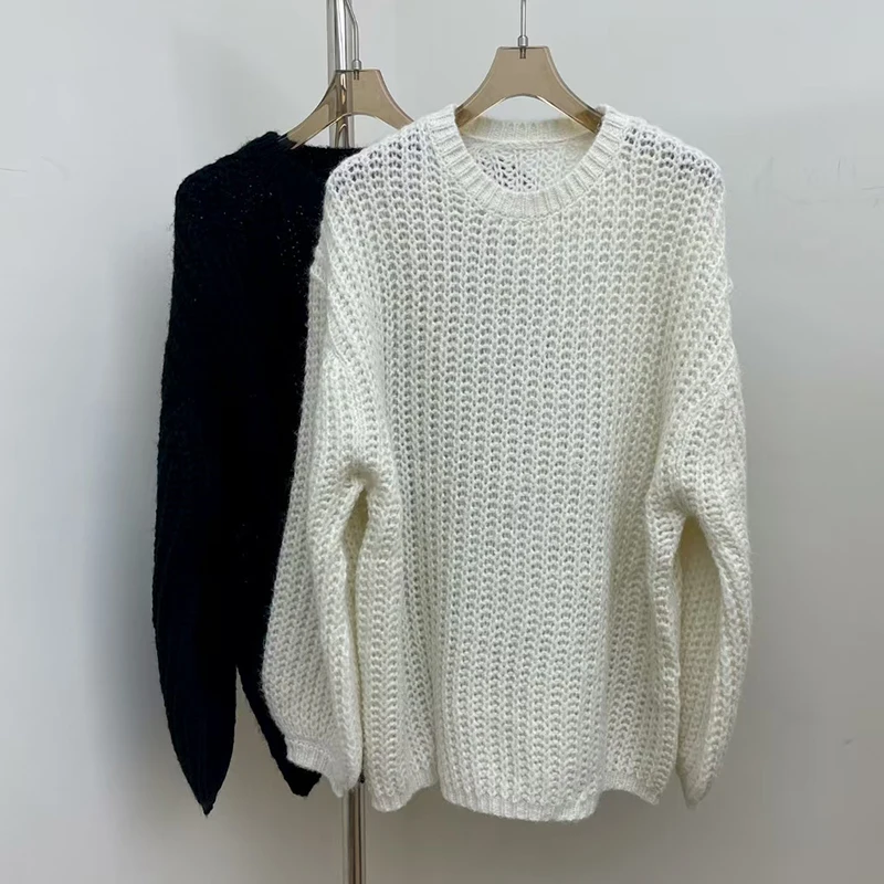 レディース透かし彫りオーバーサイズ長袖ニットトップ スタイリッシュで多用途なクルーネックプルオーバー 高品質トップス 秋シーズン 新作