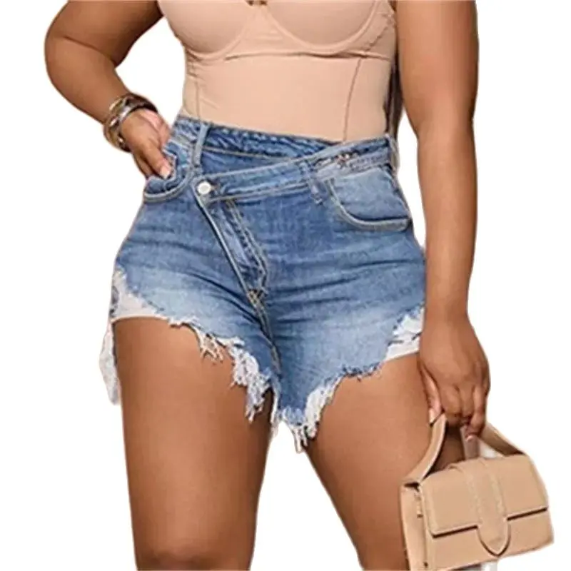 Fashion Slanted Waist Button Splicing Denim Shorts Women Summer Broken Holes Tassel Three Quarter Pants Female Casual Mini Jeans