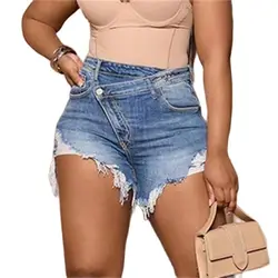 Short en denim à taille inclinée pour femme, pantalon trois quarts, mini jean décontracté, épissage de boutons, trous cassés, pompon, mode féminine, été