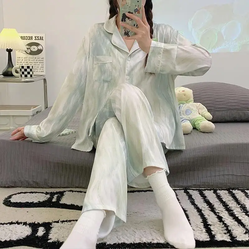 

Французский пижамный комплект Sweet Ripple из хлопка для женщин: домашняя и уличная одежда, новинка весна-осень, с длинными рукавами и брюками, простой дизайн, для сна, в стиле Instagram