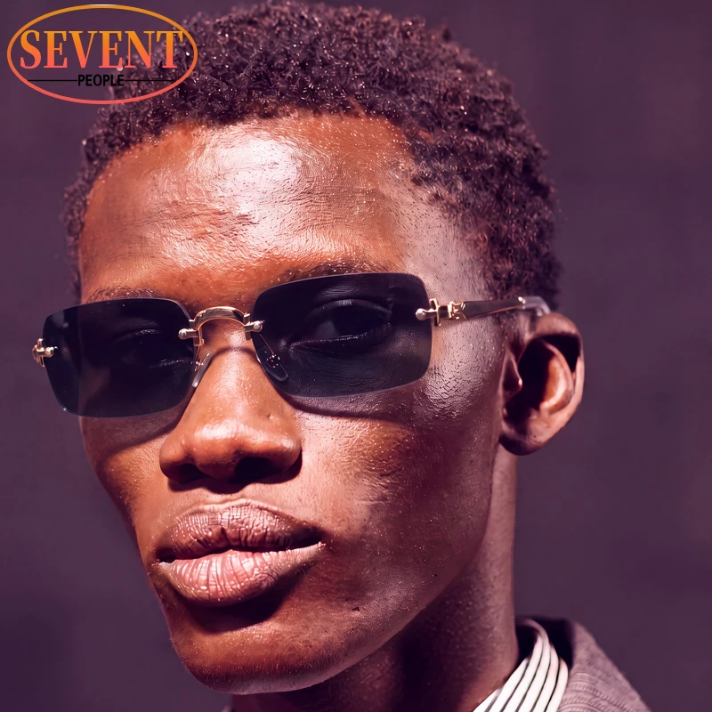 Rimless Rectangle Punk Sunglasses Men 2026 Luxury Designer Trendy Steampunk Metal Driving Sun Glasses Vintage Party Shades UV400