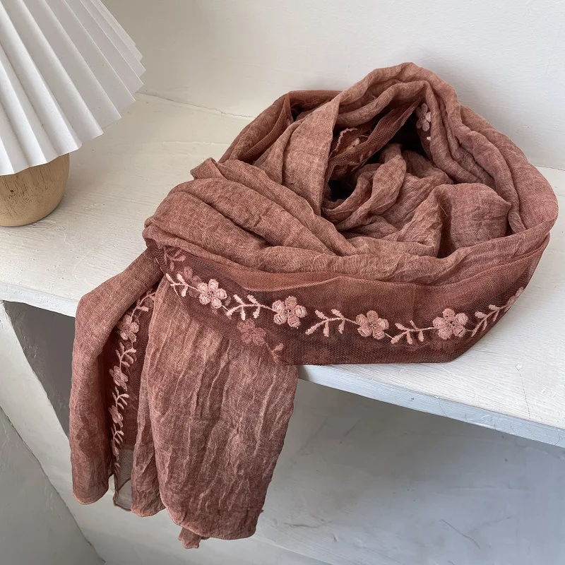 VREOVOR Cotton Linen Lace Splicing Scarf Lady Breathable Super Fairy Tulle Towel Literary Embroidery New Spring and Summer