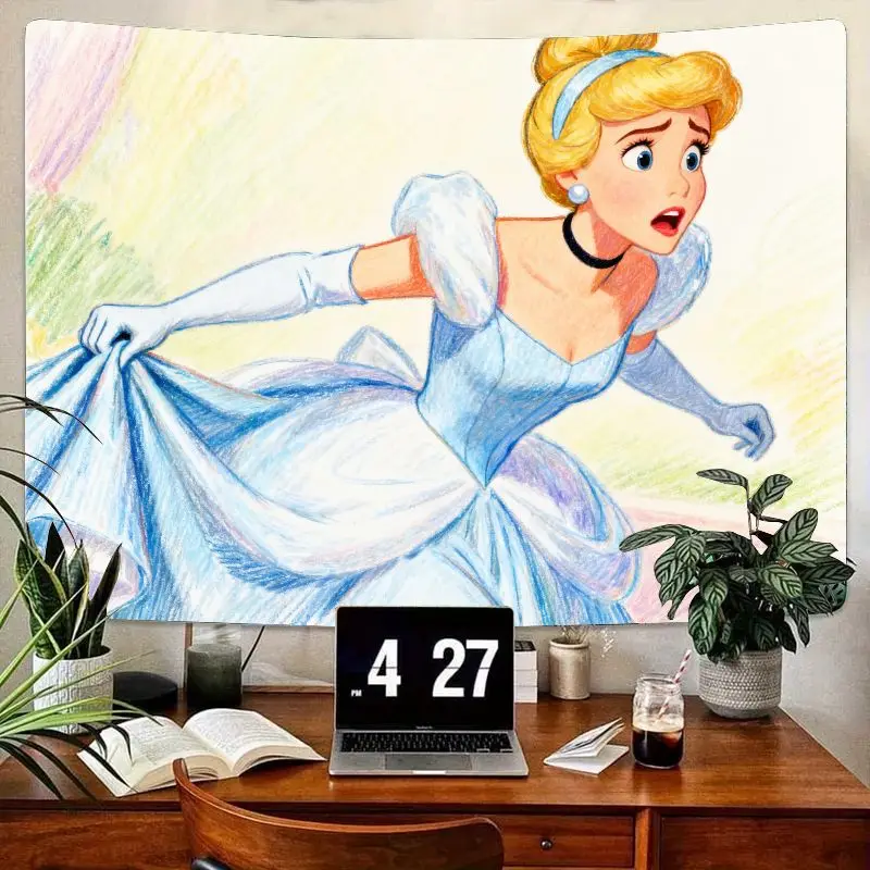 

1 шт. Disney Золушка Синий Гобелен Принцессы Эскиз Стиль Настенное Искусство Эстетический Декор Комнаты Дети Девочки Спальня Подарок для Фанатов Диснея