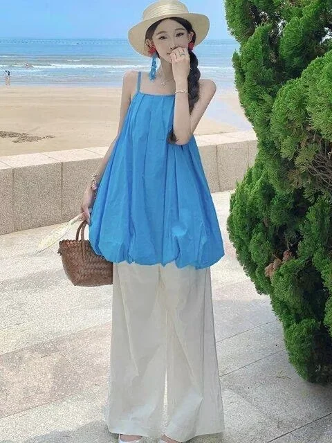 

Summer Beach Vacation Style Bright Matching Set Women's Blue Sleeveless Ruffle Strap Top Wide Leg Pants Two Piece Set