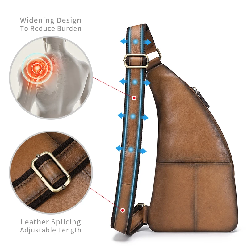 Men's Genuine Leather Crossbody Chest Bag Vintage Crossbody Travel Bag Multifunction Zipper Shoulder Sling Bag